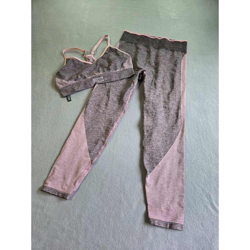 PINK Victoria's Secret Activewear‎ Set Women XL Grey Pink Seamless Leggings Bra